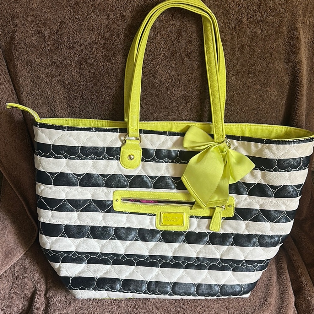 Betsey Johnson Striped Black and White Tote Bag with Yellow Accents